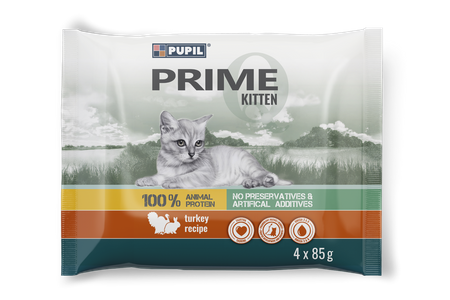 Karma mokra dla kota PUPIL Prime KITTEN bogata w indyka z królikiem 4 x 85 g