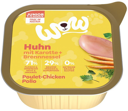 WOW Junior Huhn - kurczak z marchewką i pokrzywą dla szczeniąt 150g