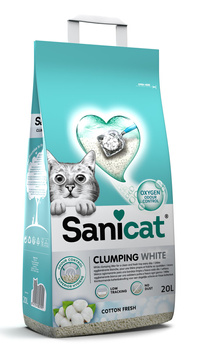 Sanicat Clumping White, żwirek, dla kotów, bentonit, cotton fresh, 20L, zbrylający